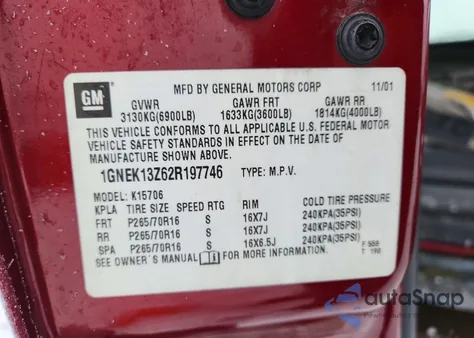 2002 Chevrolet Tahoe K1500 z USA, uszkodzony, nr VIN 1GNEK13Z62R197746